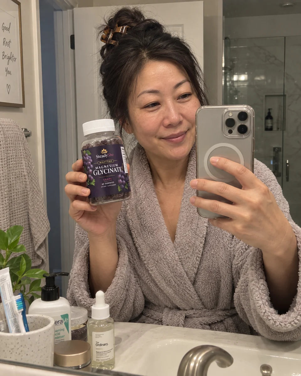 Holly holding her bottle during her bathroom routine