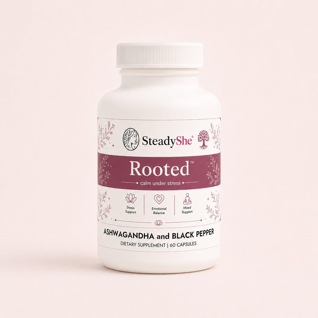 SteadyShe Rooted – Ashwagandha and Black Pepper dietary supplement, 60 capsules