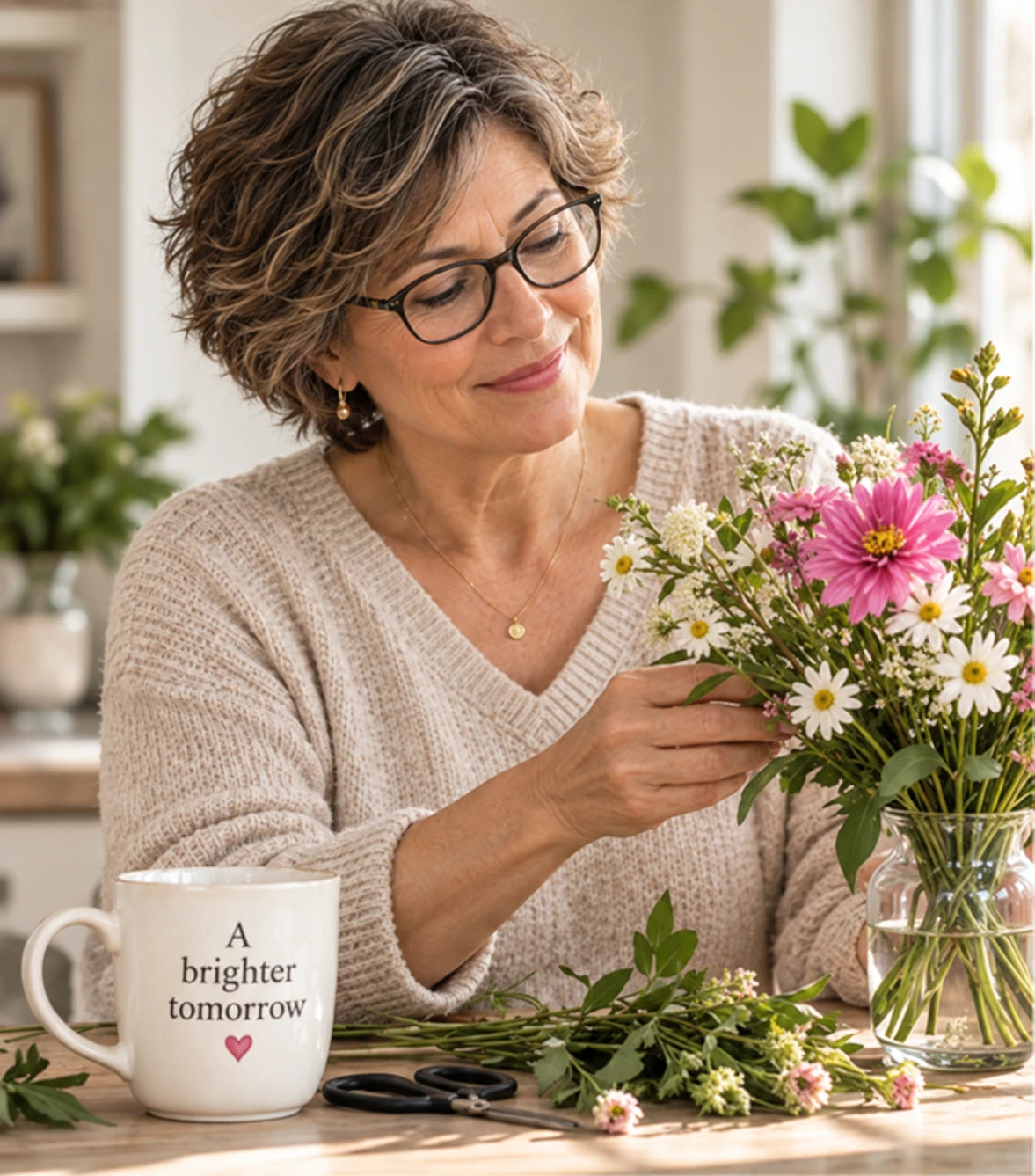 A woman taking a quiet moment to arrange fresh flowers at her kitchen table