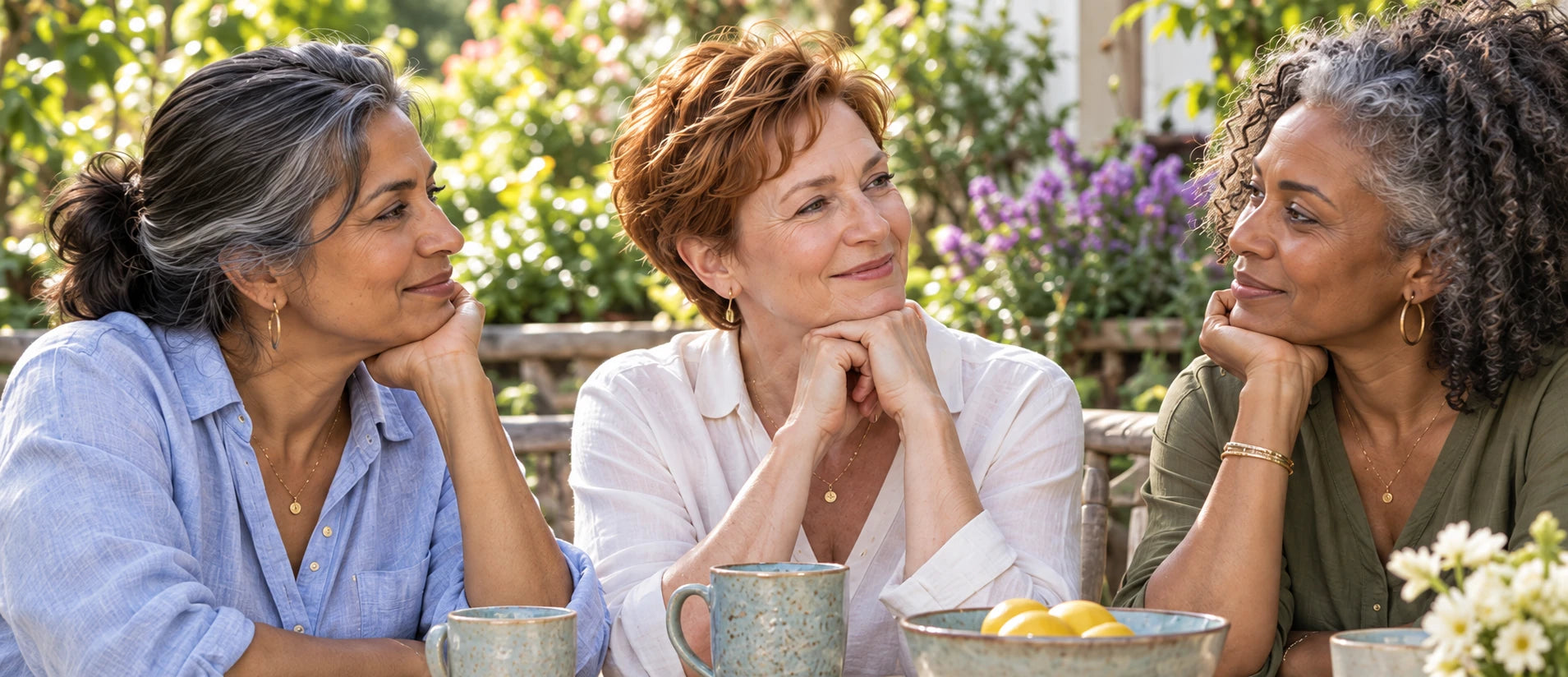 Three friends enjoying a relaxed conversation together on a sunny garden terrace