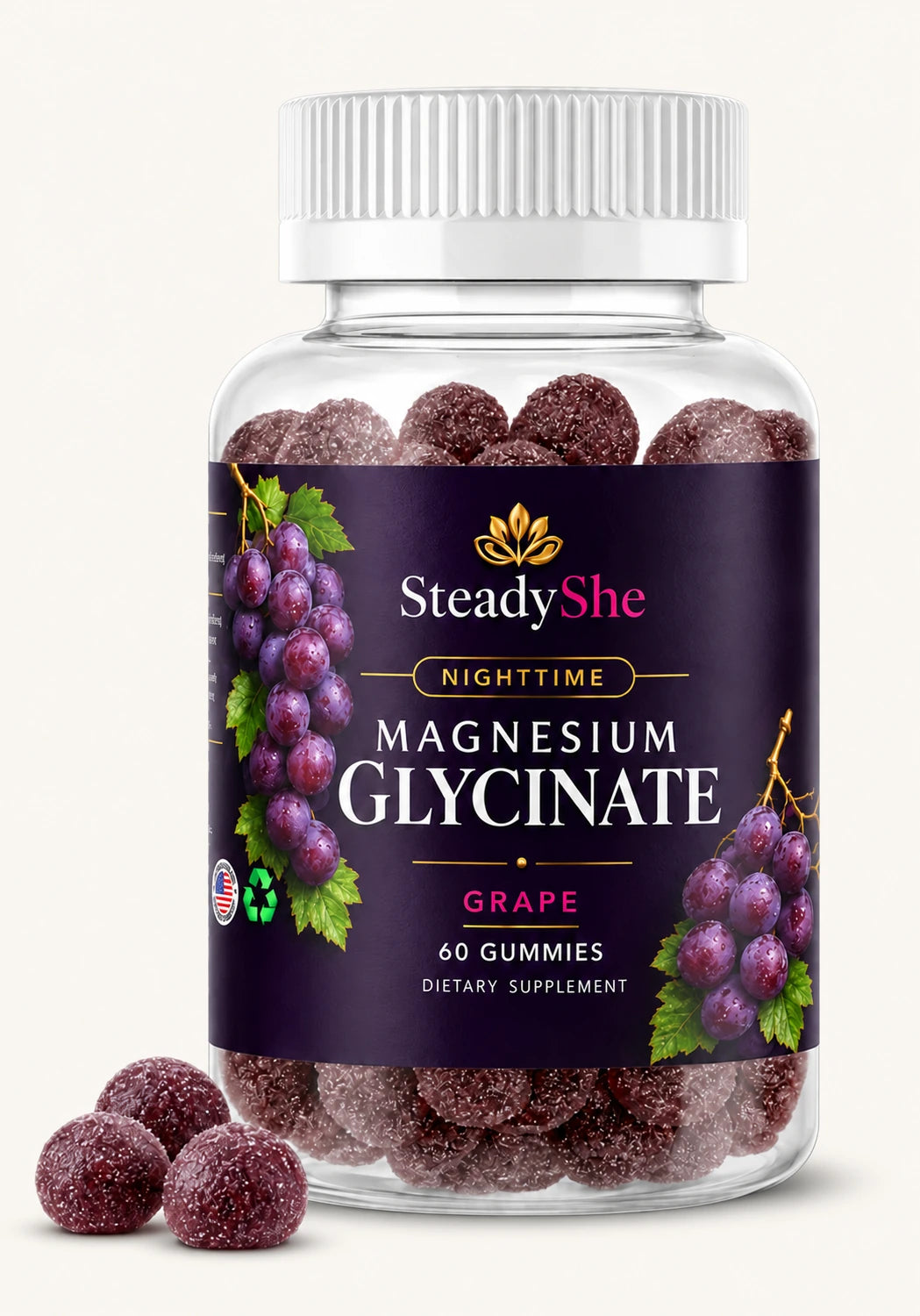 SteadyShe Nighttime Magnesium Glycinate, grape flavor, 60 gummies