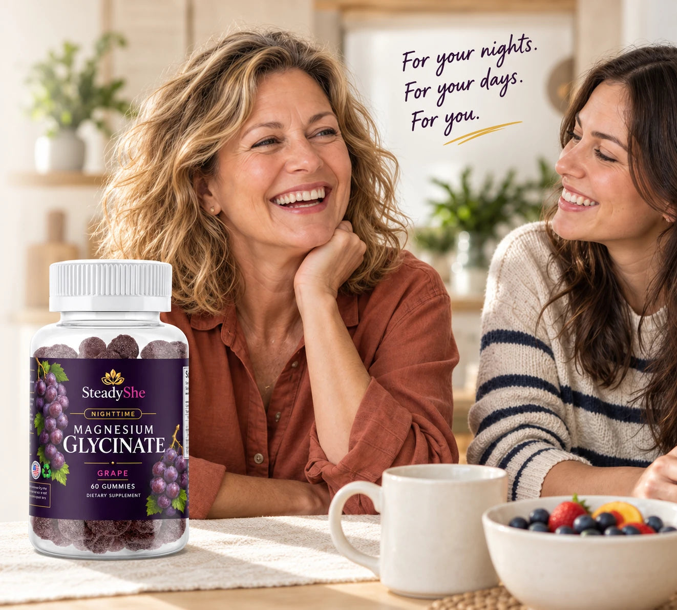 A woman sharing a happy breakfast conversation with her adult daughter, with SteadyShe Nighttime Gummies in the foreground