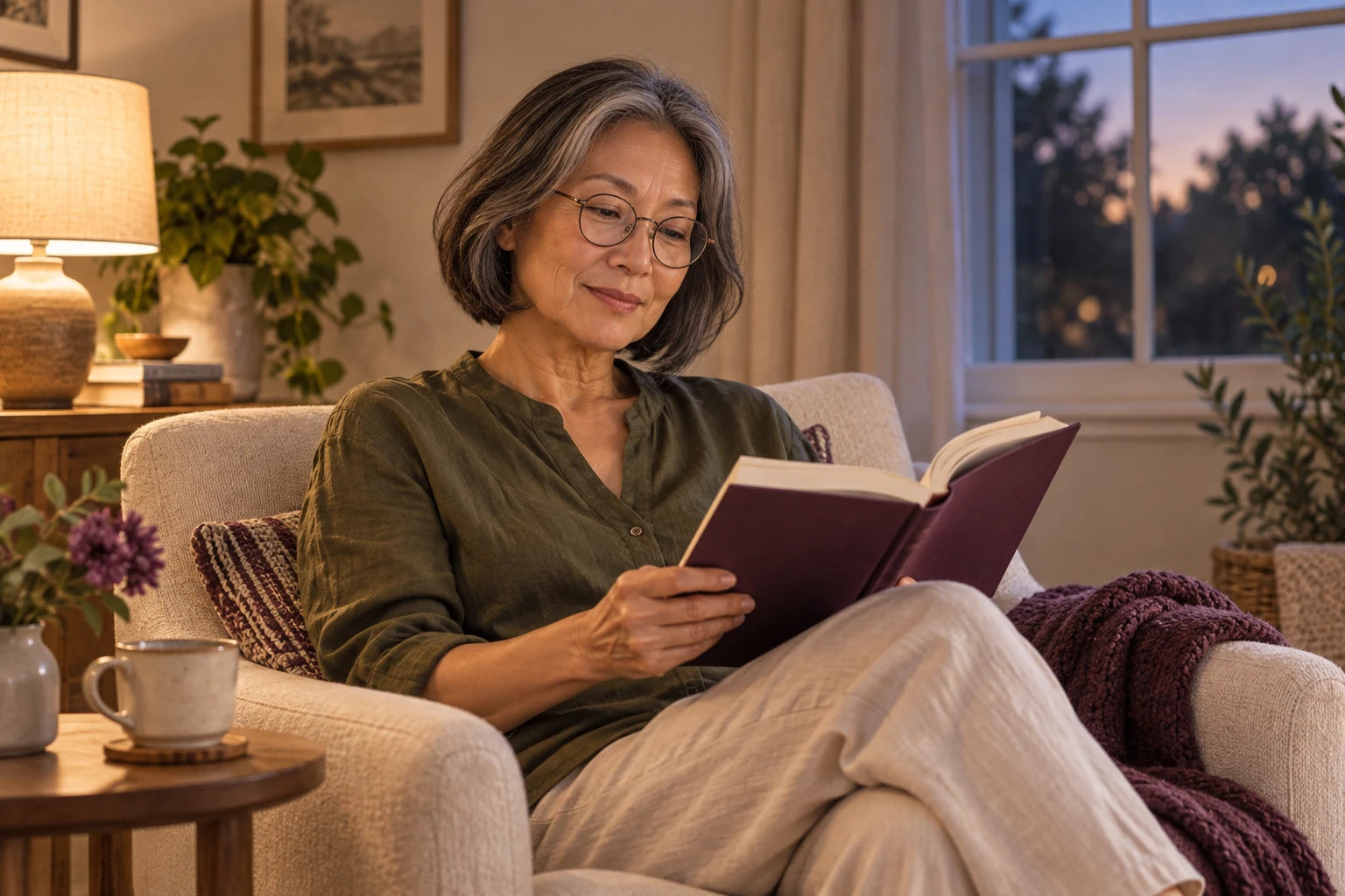 A woman making time for herself with a book in a comfortable chair