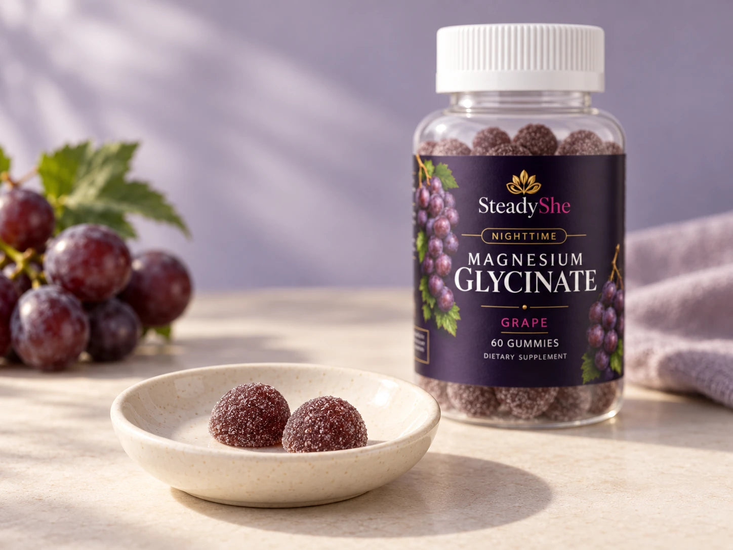Two grape gummies in an ivory dish beside the SteadyShe bottle