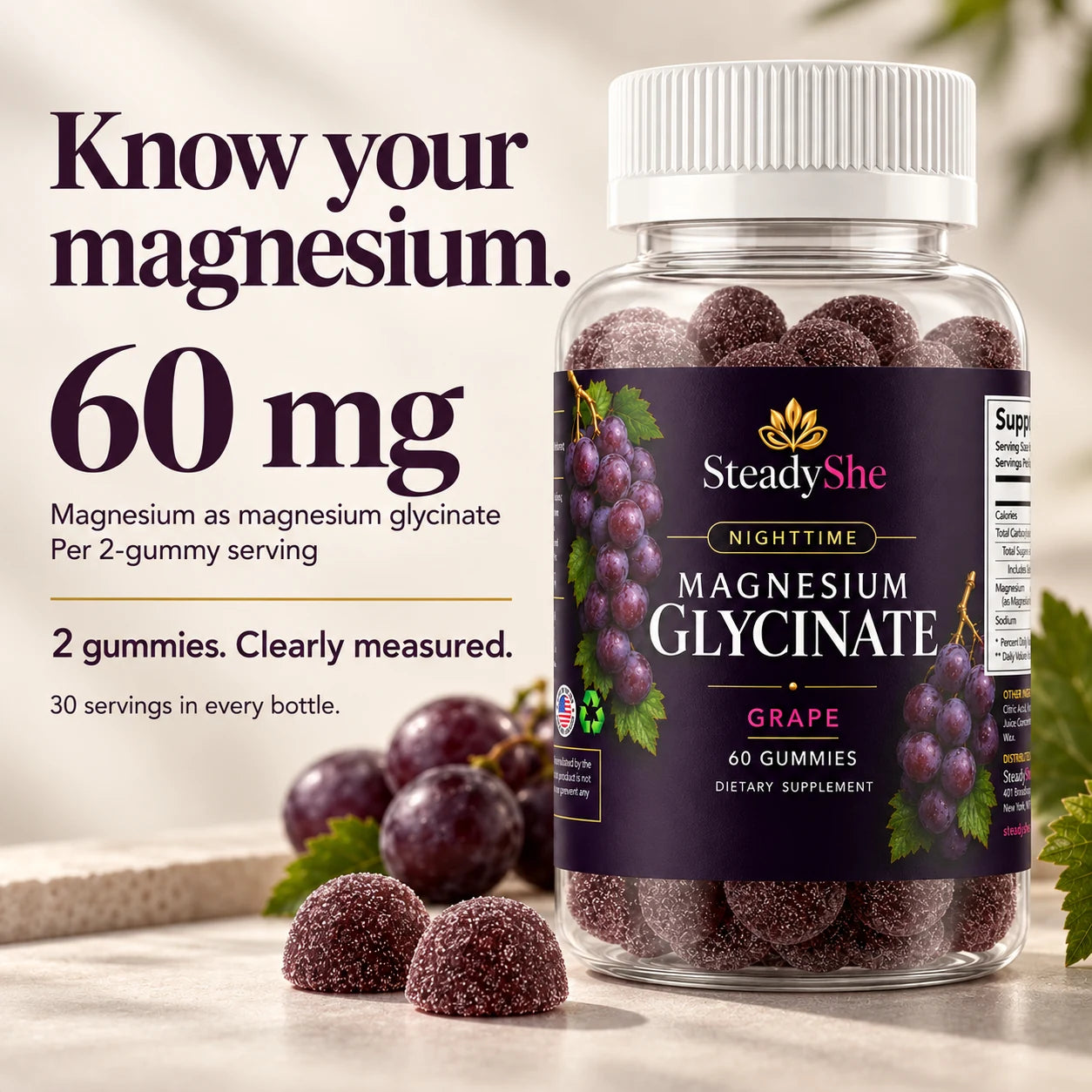 The formula: 60 mg magnesium per 2-gummy serving