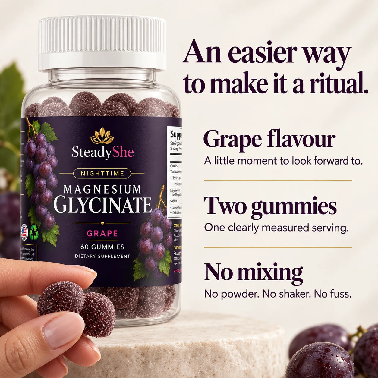 Grape flavor, two gummies, no mixing