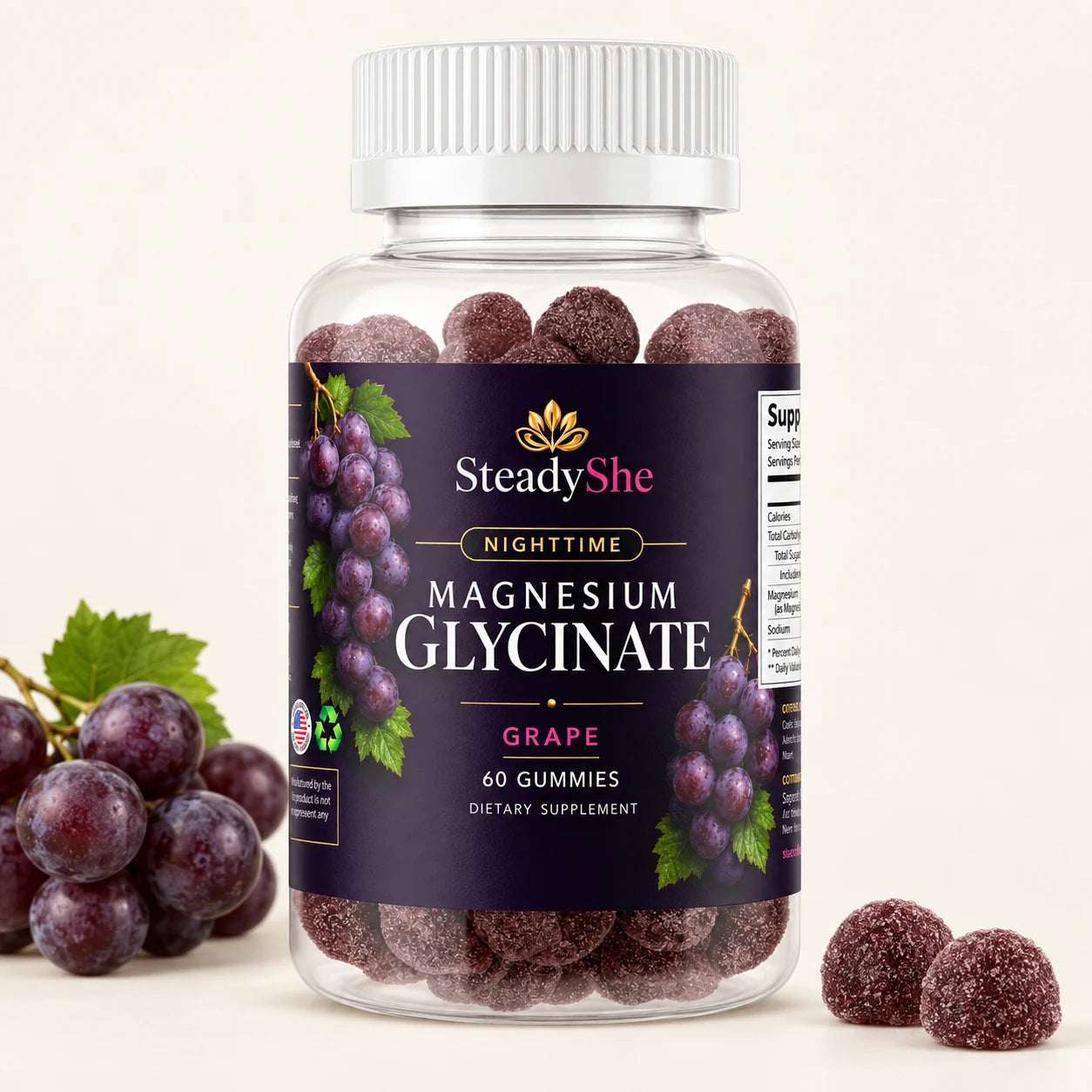 SteadyShe Magnesium Glycinate Gummies with grapes and two gummies
