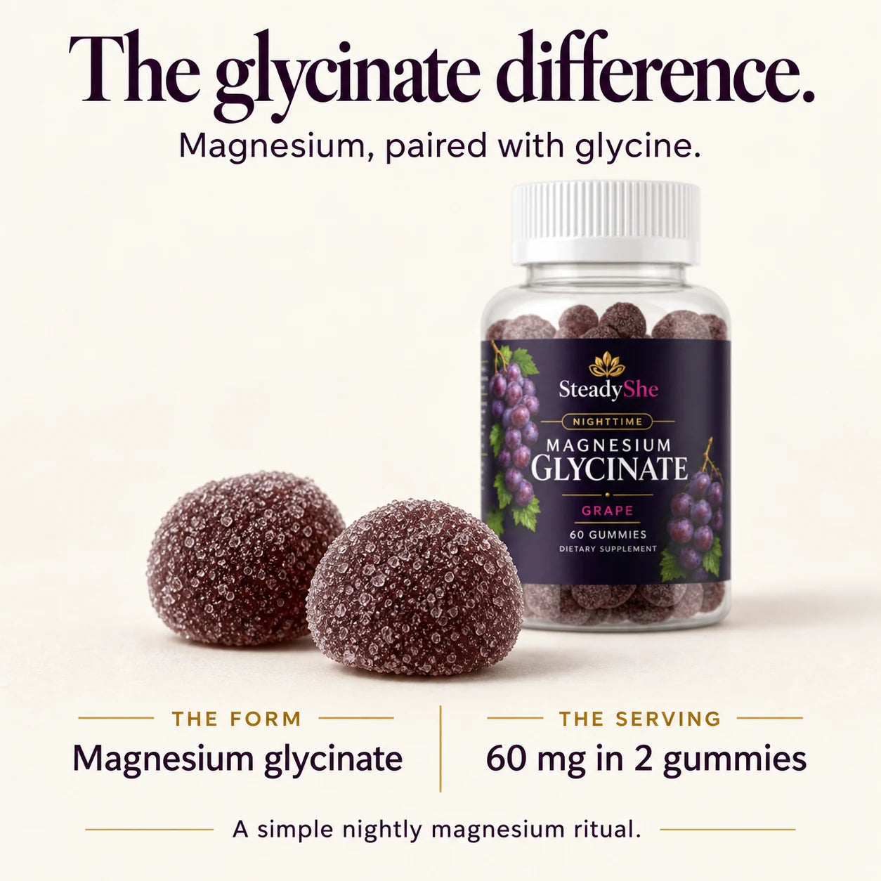 The glycinate difference: magnesium paired with glycine, with 60 mg in two gummies
