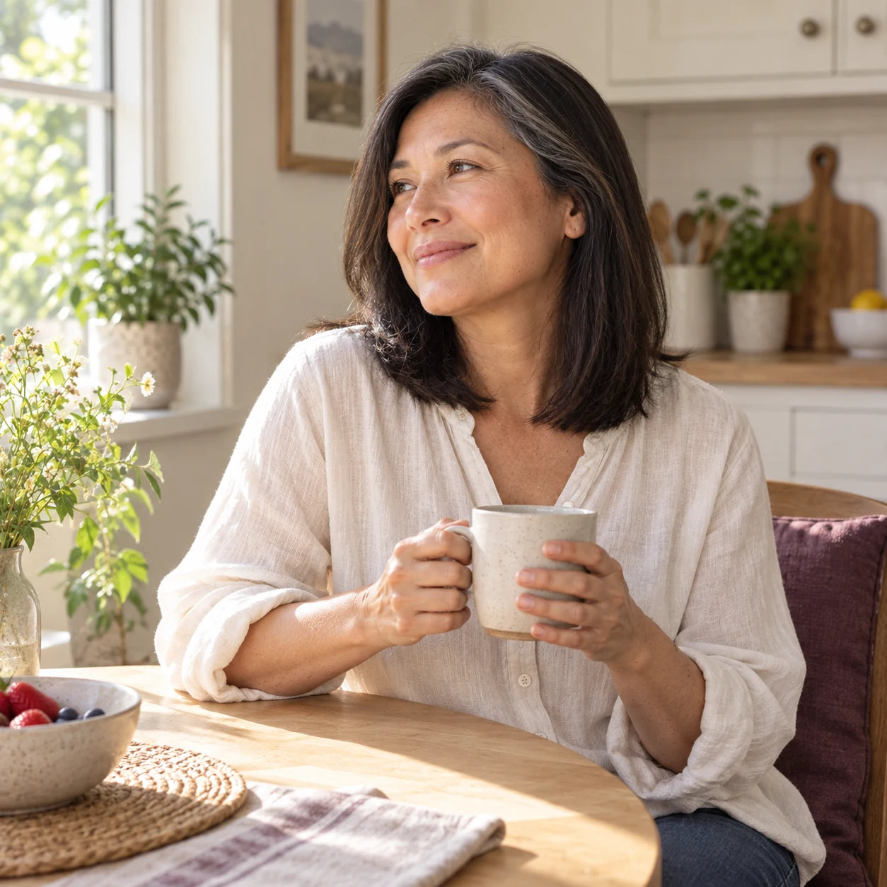 Michelle enjoying a quiet morning at her breakfast table